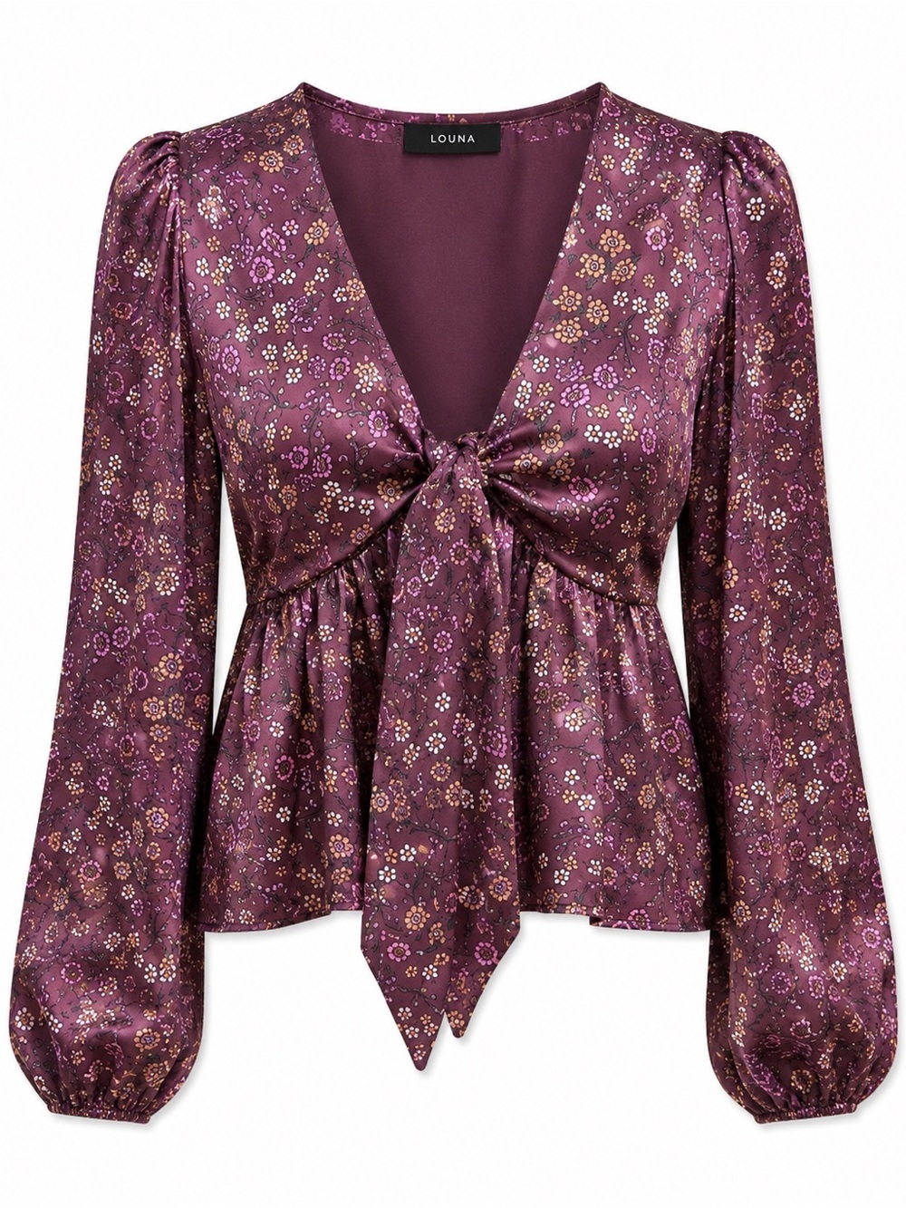 LOUNA PURPLE SATIN FLORAL LONG BALLOON SLEEVE TOP
